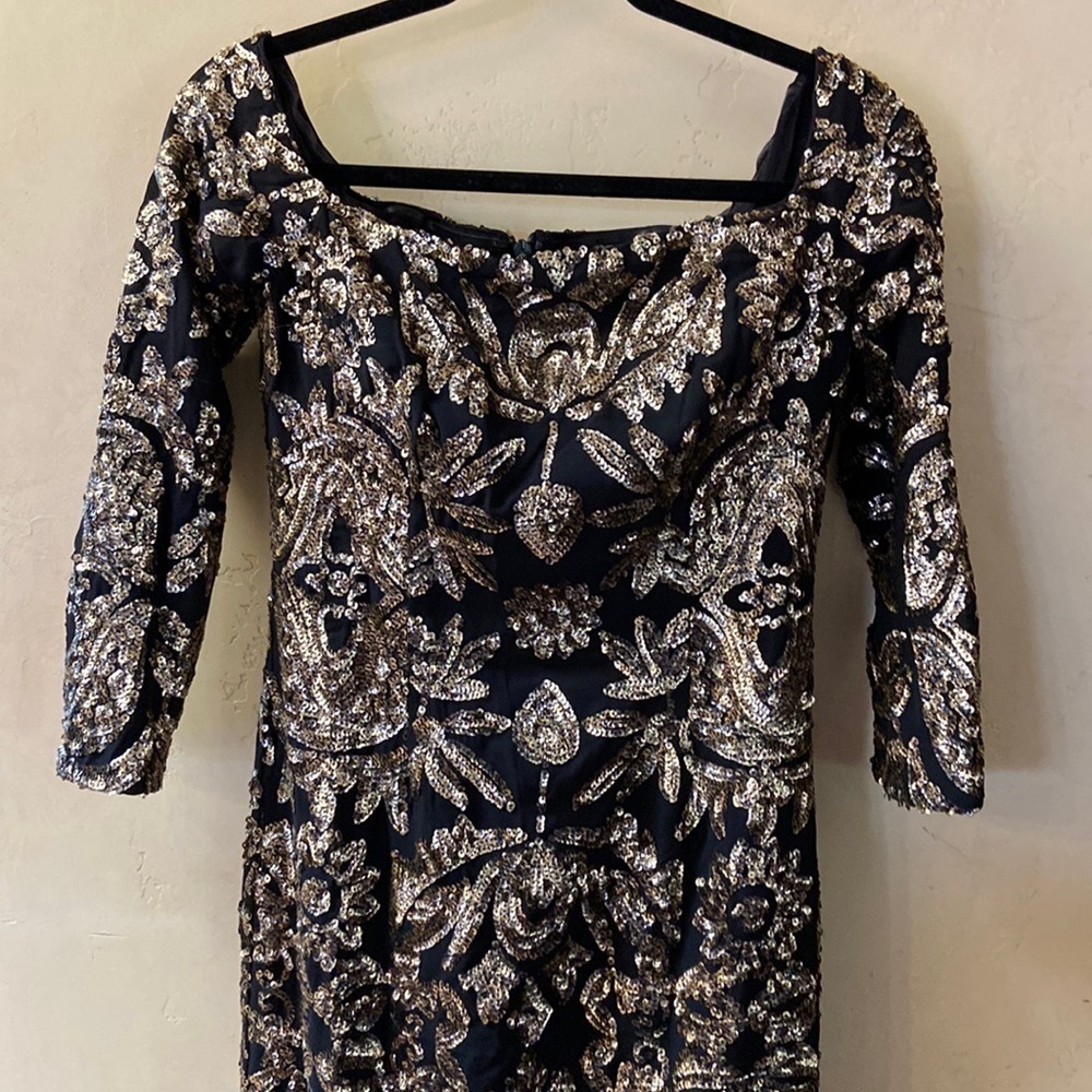 Sz 4 Nicole Miller Collection Black & Gold Sequin Lined Sheath Dress Rear Zip - Picture 4 of 9